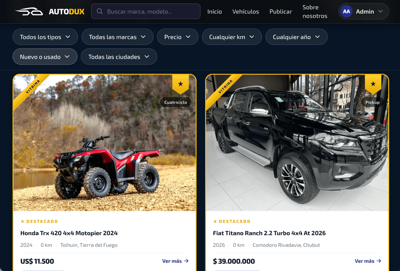 Vehicle cards with price and detail