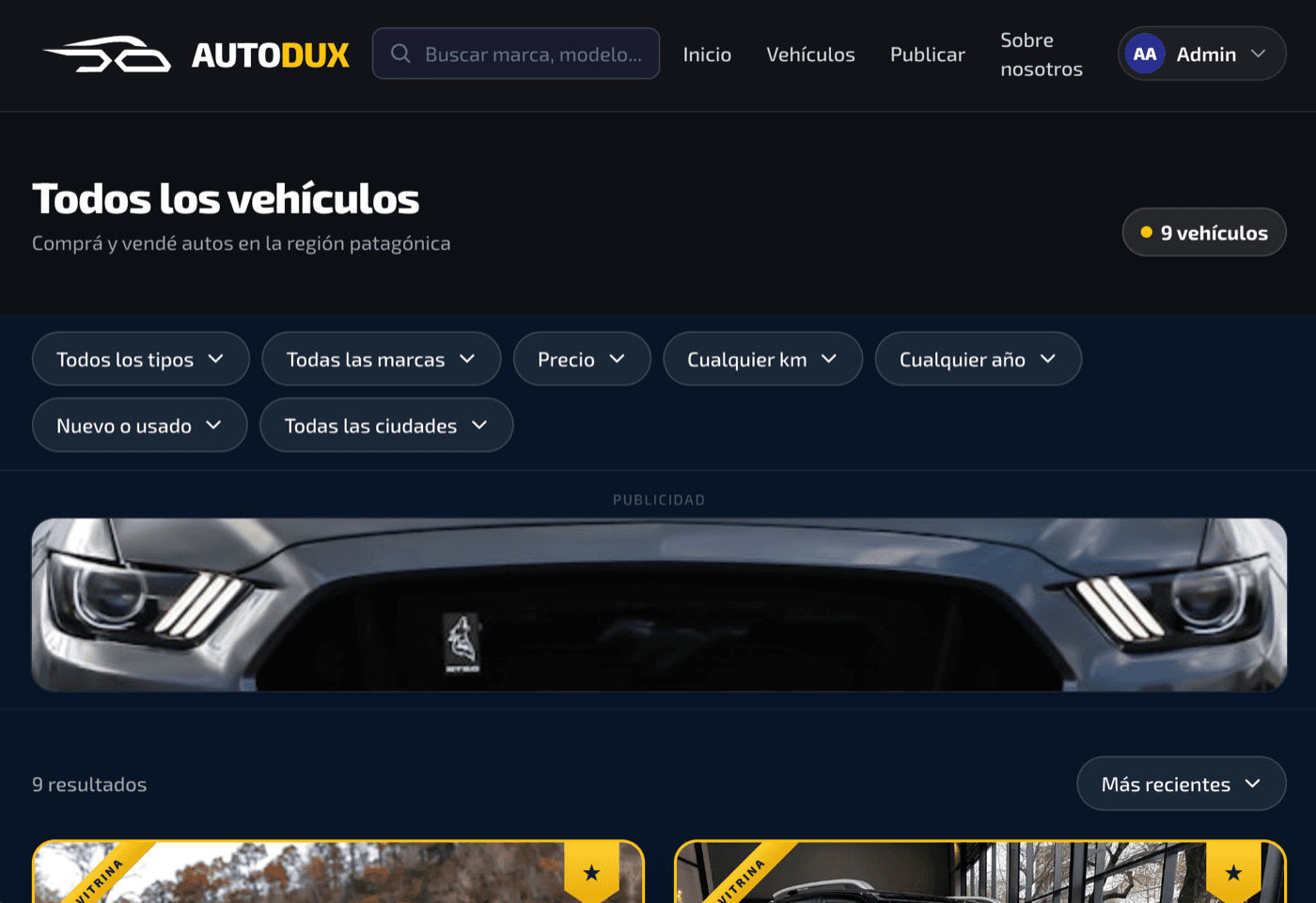 Vehicle listing with search and filters