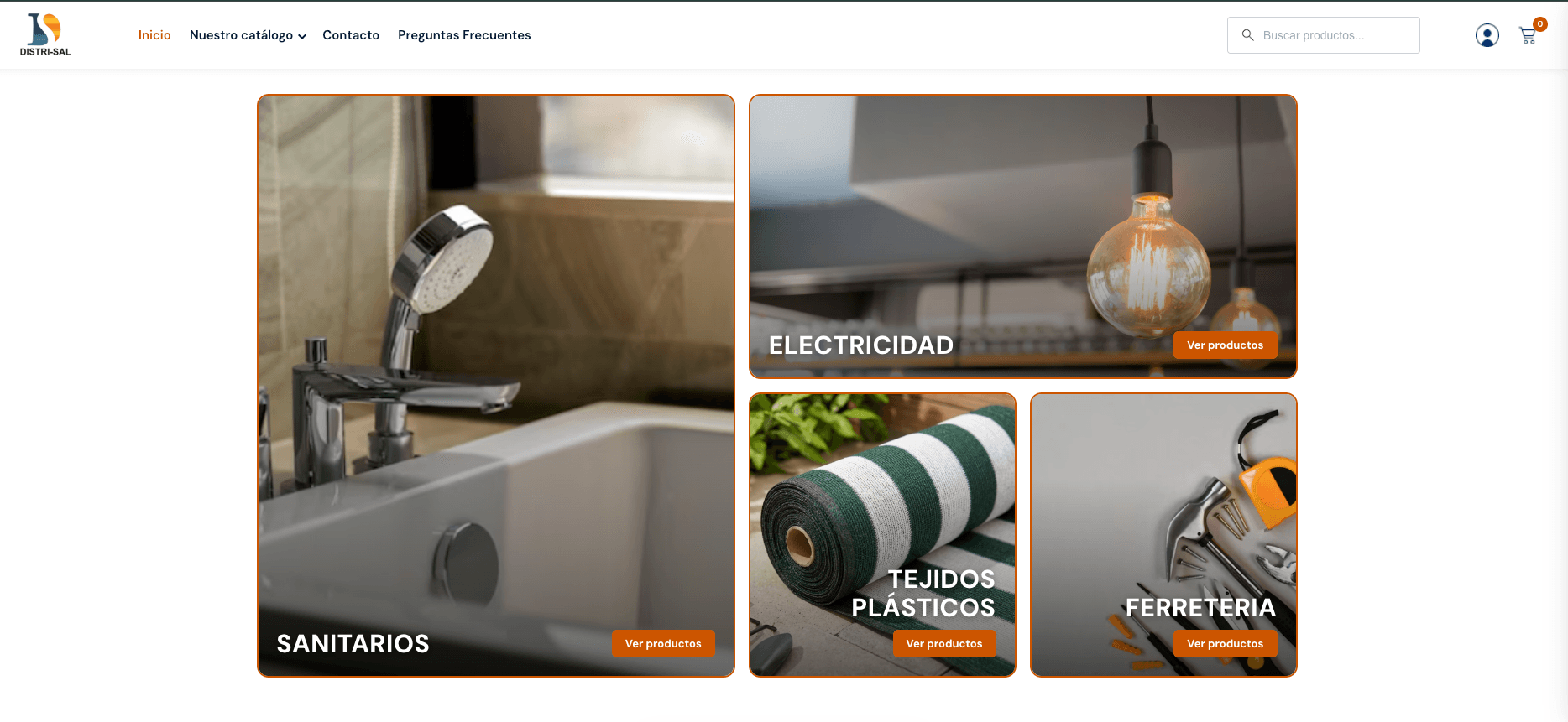 Categorías principales del catálogo: sanitarios, electricidad, tejidos plásticos y ferretería