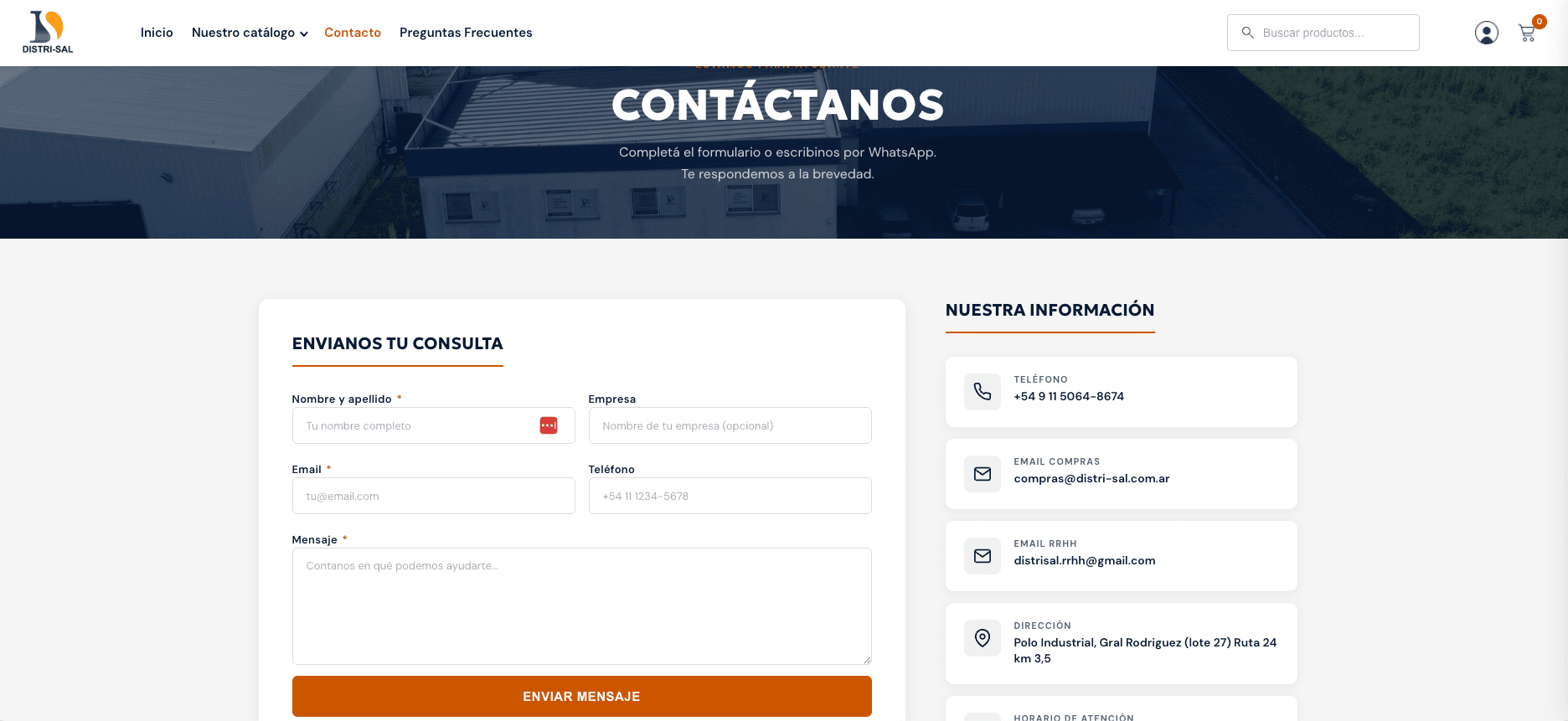 Página de contacto con formulario y datos del negocio
